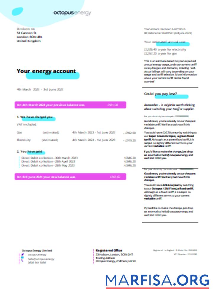 Blank Octopus Energy utility business bill SCR page 1 template